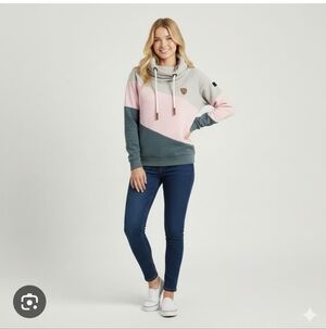 Wanakome Athena Hoodie Large Colorblock Pink Gray Taupe Funnel Neck Sweatshirt L